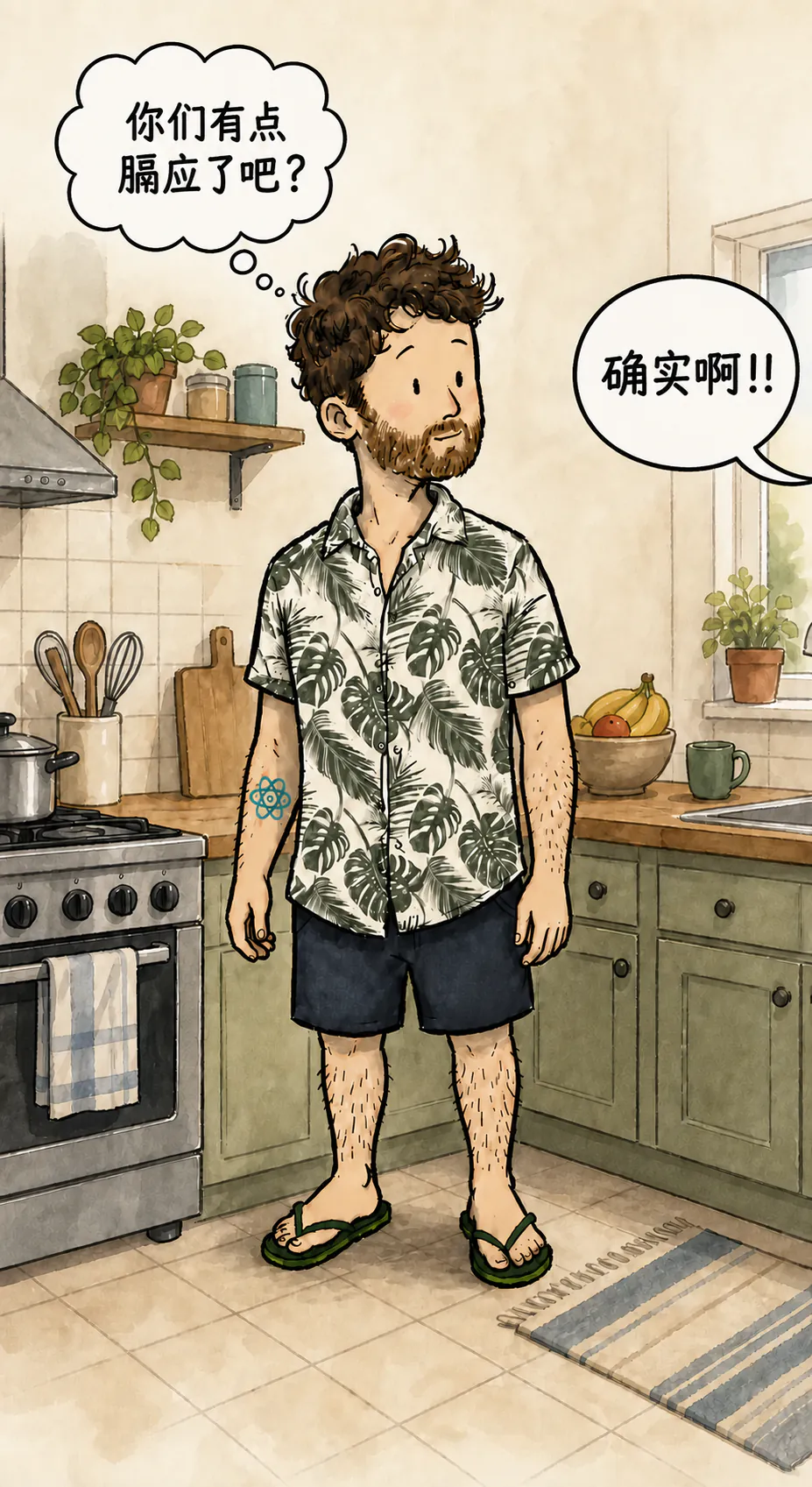 这个角色站在明亮的厨房中间，穿着花衬衫和人字拖，侧着看。左上角一个思维气泡写着“你们是不是有点恶心到了？”，右边一个来自画外的对话气泡回他：“确实啊！！”
