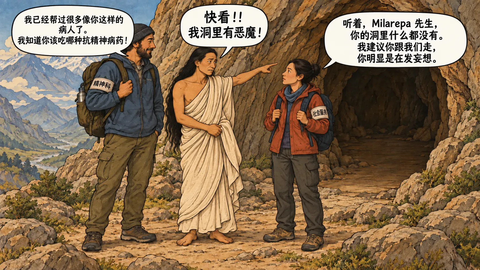 Yogi Milarepa 指着一个空山洞的里面,而两个戴着写着「精神科」和「社会援助」臂章的现代志愿者正在跟他说话。